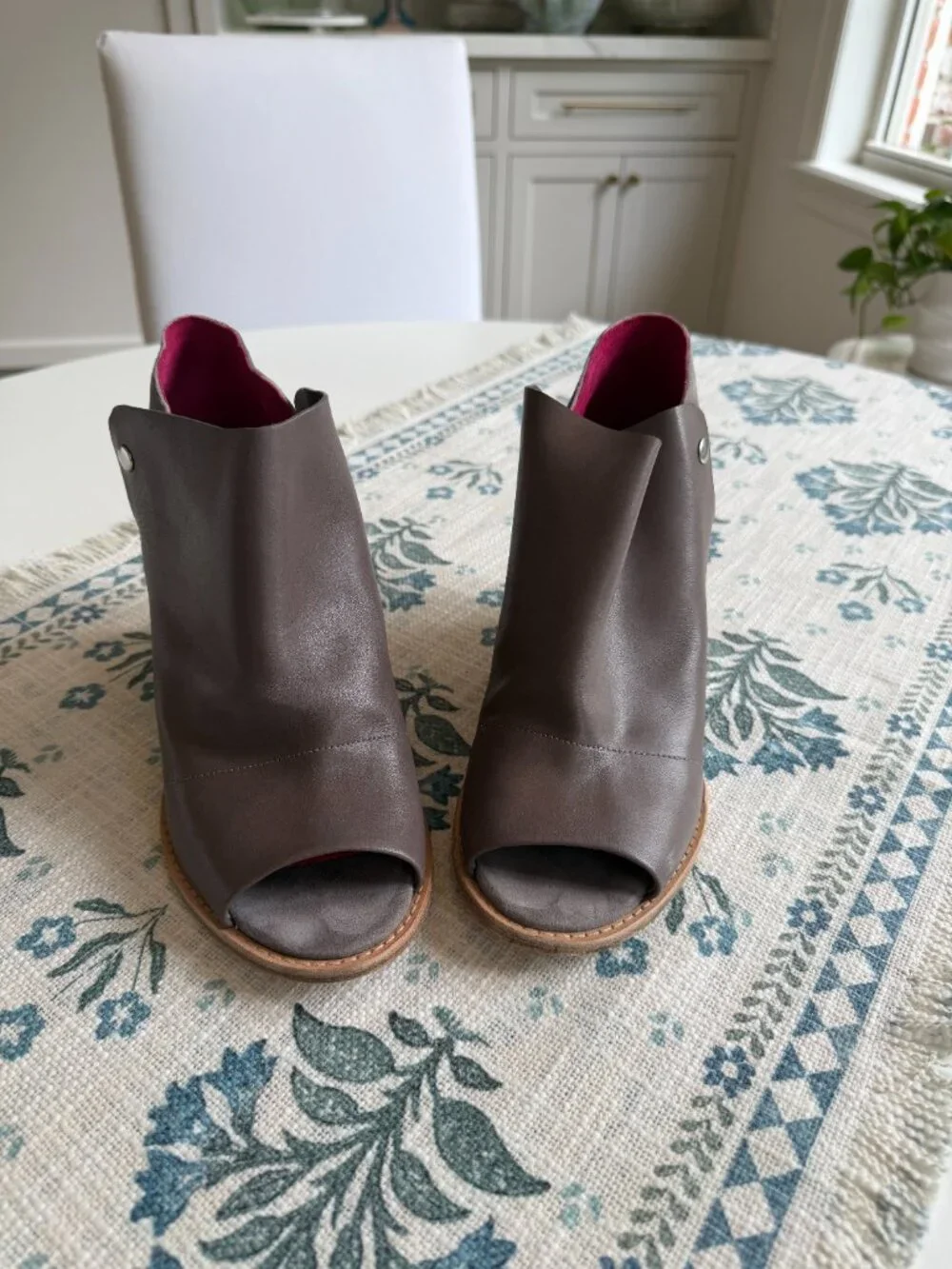 Taupe Leather Peep-Toe Wedge Bootie | Sigerson Morrison | Size W 9
